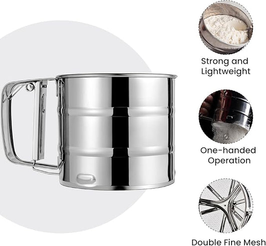 Flour Sifter, Stainless Steel Sifter for Baking, Double Layer Fine Mesh Baking Sifter, One Hand Press Crank Sifter for Powdered Sugar Shaker Duster, Flour Sieve Sifter for Baking Cakes Rondauno