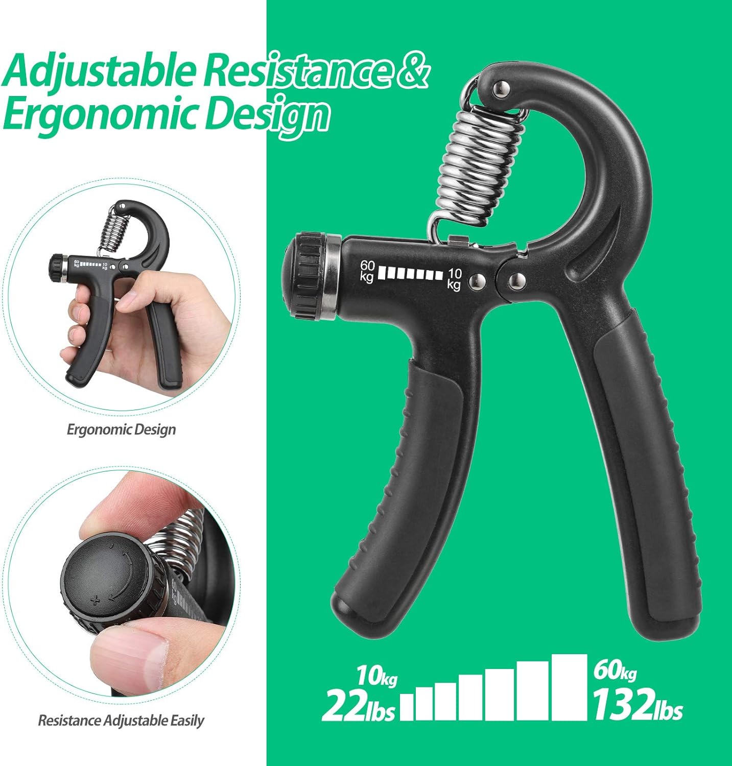 Grip Strength Trainer, Hand Grip Strengthener, Adjustable Resistance 22-132Lbs (10-60kg), Forearm Strengthener, Perfect for Musicians Athletes
