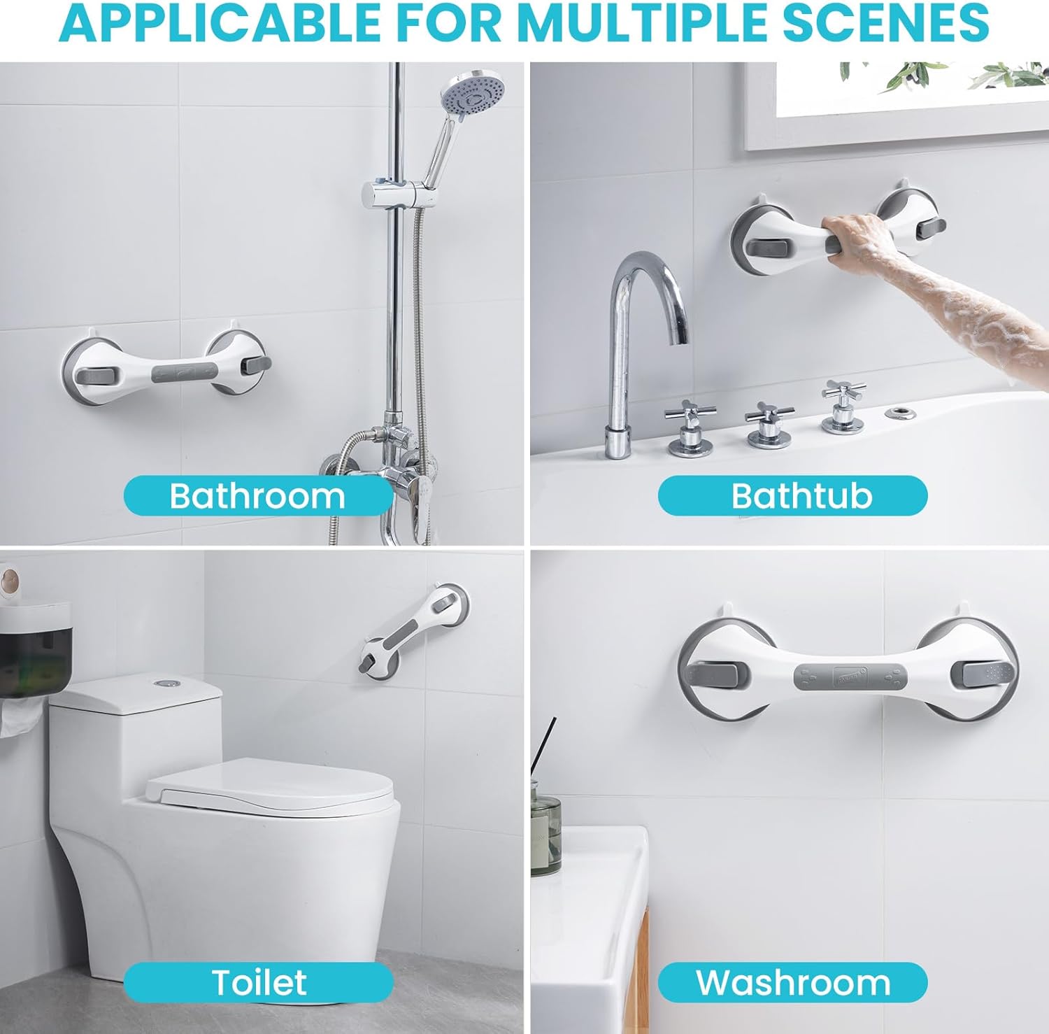 Hand Handle Bar, 1pc 12 Inch Suction Grab Bars for Bathtubs and Elderly, Shower Handle for Seniors Bathroom Safety Grip, No Drilling Removable, Grey