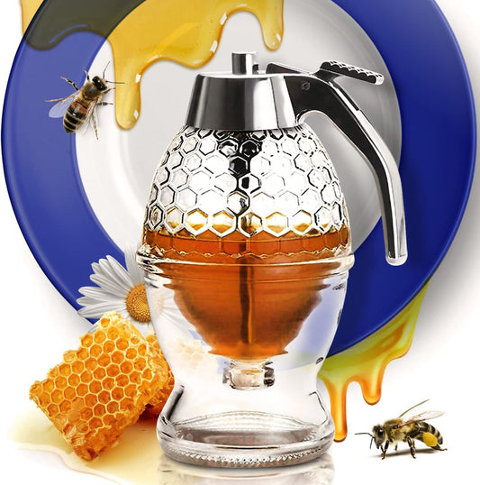 Honey Dispenser  –  No Drip Glass with Stand  –  Honey Jar – Honey Pot with Stand – Honey Bottle with Flip Top Lid