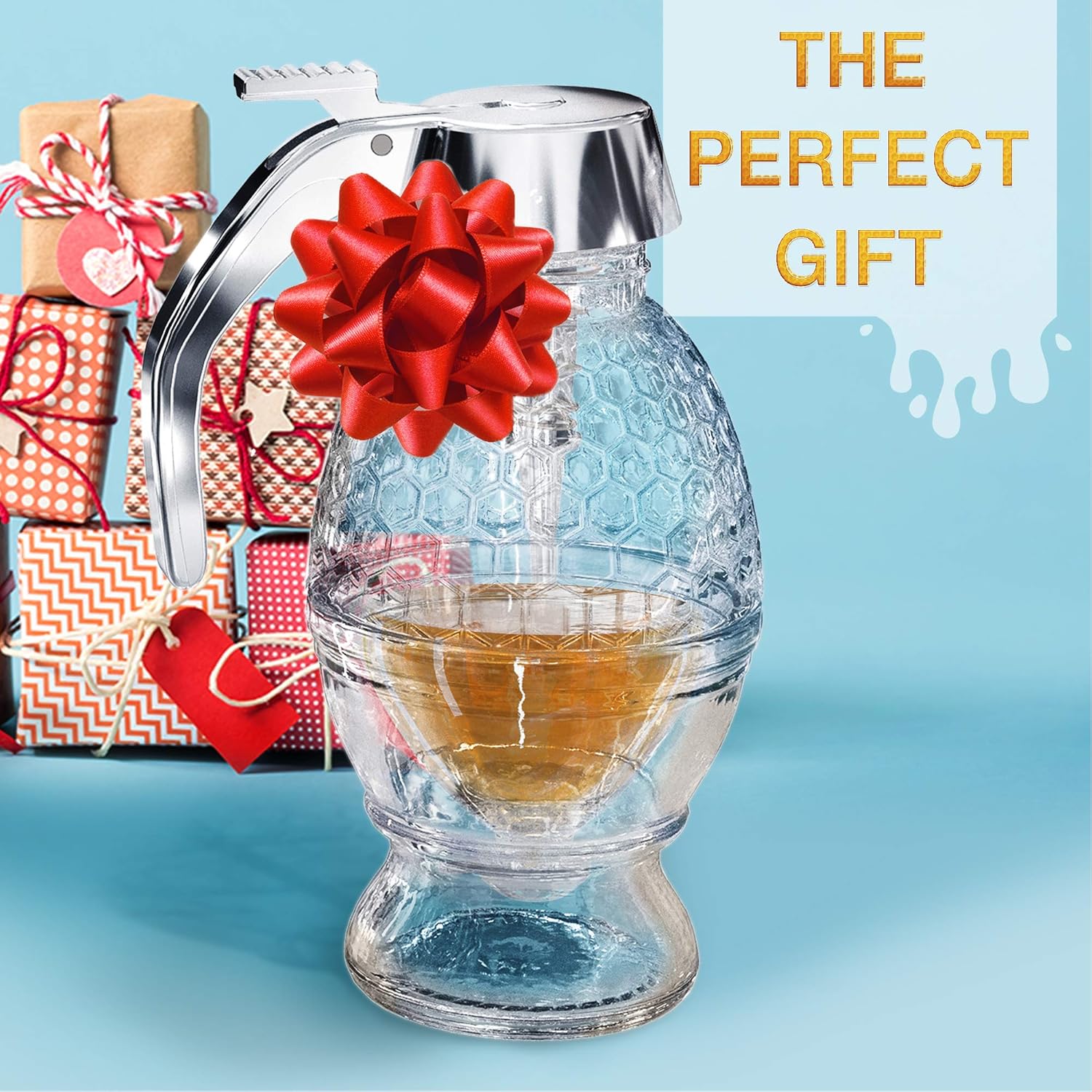 Honey Dispenser  –  No Drip Glass with Stand  –  Honey Jar – Honey Pot with Stand – Honey Bottle with Flip Top Lid