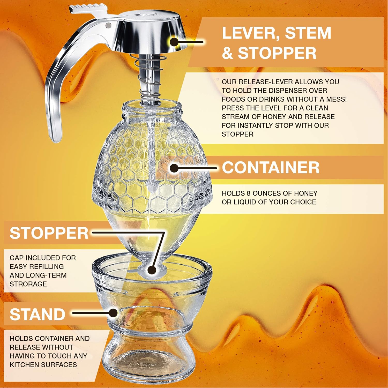 Honey Dispenser  –  No Drip Glass with Stand  –  Honey Jar – Honey Pot with Stand – Honey Bottle with Flip Top Lid