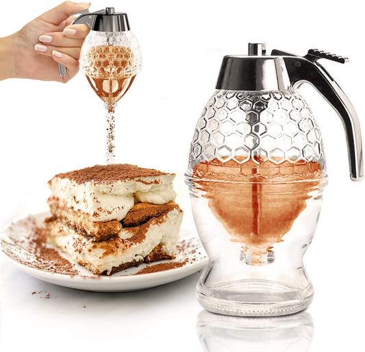 Honey Dispenser  –  No Drip Glass with Stand  –  Honey Jar – Honey Pot with Stand – Honey Bottle with Flip Top Lid