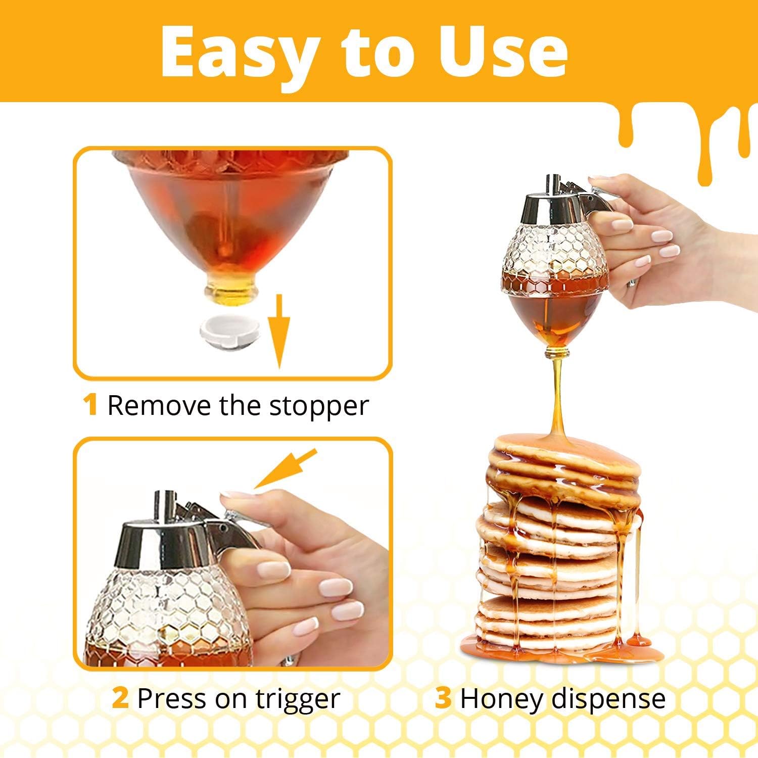 Honey Dispenser  –  No Drip Glass with Stand  –  Honey Jar – Honey Pot with Stand – Honey Bottle with Flip Top Lid