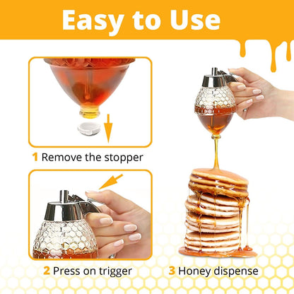 Honey Dispenser  –  No Drip Glass with Stand  –  Honey Jar – Honey Pot with Stand – Honey Bottle with Flip Top Lid