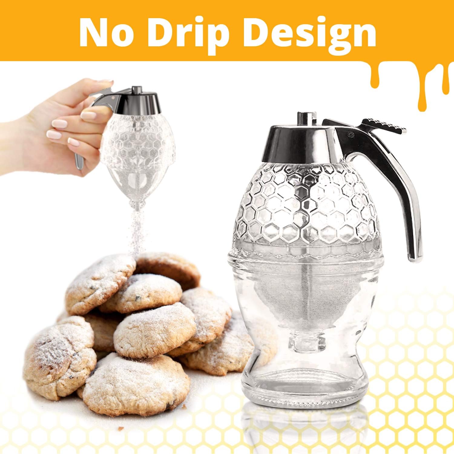 Honey Dispenser  –  No Drip Glass with Stand  –  Honey Jar – Honey Pot with Stand – Honey Bottle with Flip Top Lid