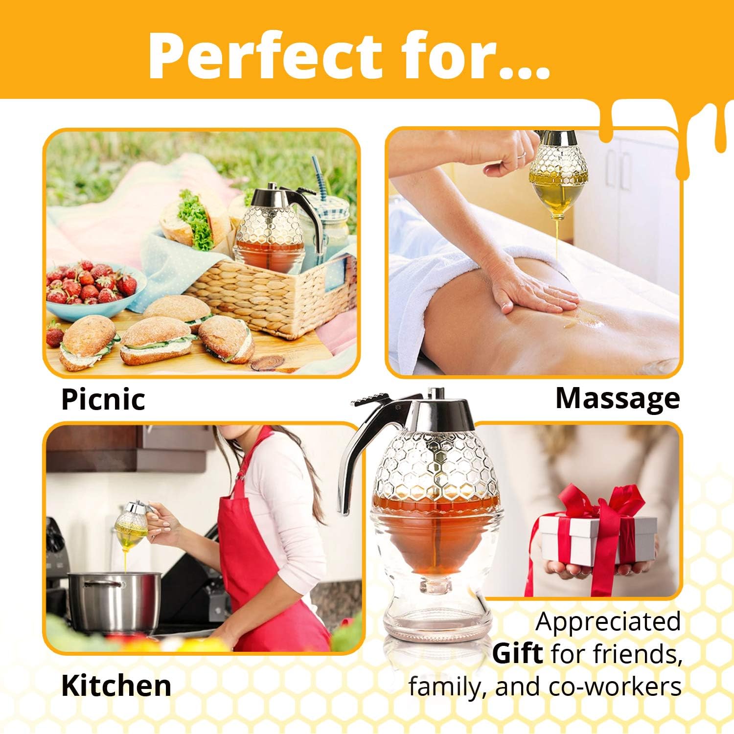 Honey Dispenser  –  No Drip Glass with Stand  –  Honey Jar – Honey Pot with Stand – Honey Bottle with Flip Top Lid