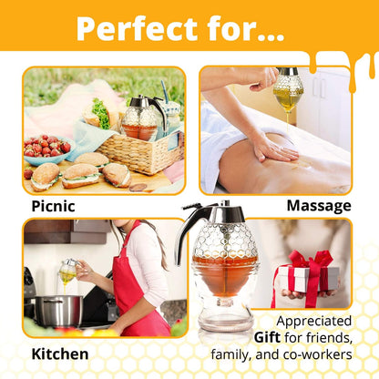 Honey Dispenser  –  No Drip Glass with Stand  –  Honey Jar – Honey Pot with Stand – Honey Bottle with Flip Top Lid