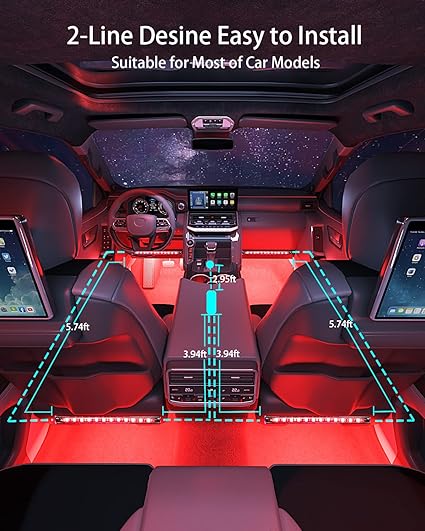 Interior Car Lights Accessories with Remote Music Sync Color Change RGB Under Dash Car Lighting with USB Charger