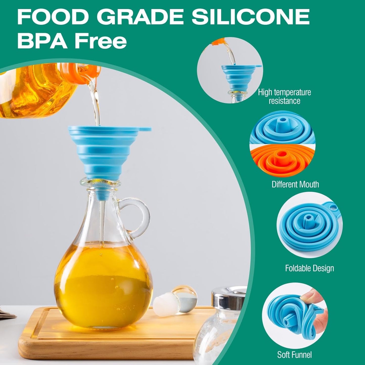 Kitchen Funnel - Food Grade Silicone Collapsible Funnel, Funnels for Kitchen Use Filling Bottles, Daily Cooking, and Water or Powder Transfer. (Multicolor)