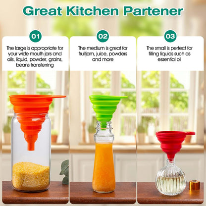 Kitchen Funnel - Food Grade Silicone Collapsible Funnel, Funnels for Kitchen Use Filling Bottles, Daily Cooking, and Water or Powder Transfer. (Multicolor)
