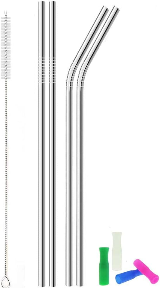 Metal Stainless Steel Straws, 4pcs Ultra Long Reusable Metal Drinking Straws with Cleaning Brush and Silicone Tips for Tall Tumblers