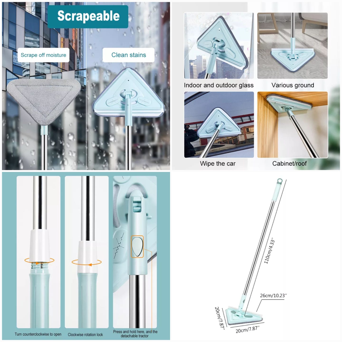 Microfiber Telescopic Triangle Mop, 180 Degree Rotatable Adjustable, Extendable Triangle Cleaning Mop Multifunction Triangular Mop Duster for Home Bathroom Floor Wall