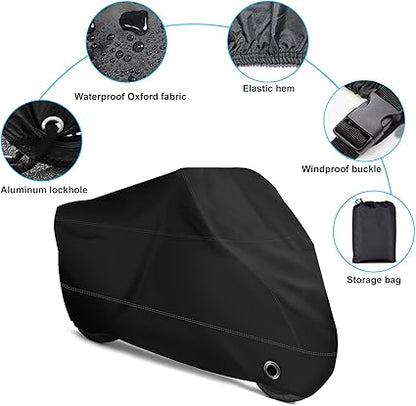 Motorcycle Cover -Waterproof Outdoor Bike Cover, Made of Heavy Duty Material, Fits up to All Motors (Black& Lockholes & Professional Windproof Strap)