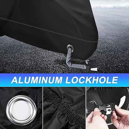 Motorcycle Cover -Waterproof Outdoor Bike Cover, Made of Heavy Duty Material, Fits up to All Motors (Black& Lockholes & Professional Windproof Strap)