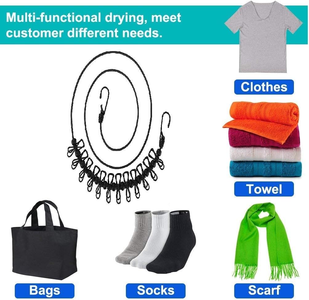 Portable Travel Clothes Line with 12 Clips - Elastic Hanging Rope for Laundry