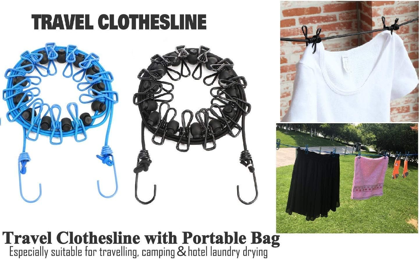 Portable Travel Clothes Line with 12 Clips - Elastic Hanging Rope for Laundry