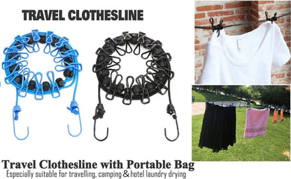 Portable Travel Clothes Line with 12 Clips - Elastic Hanging Rope for Laundry