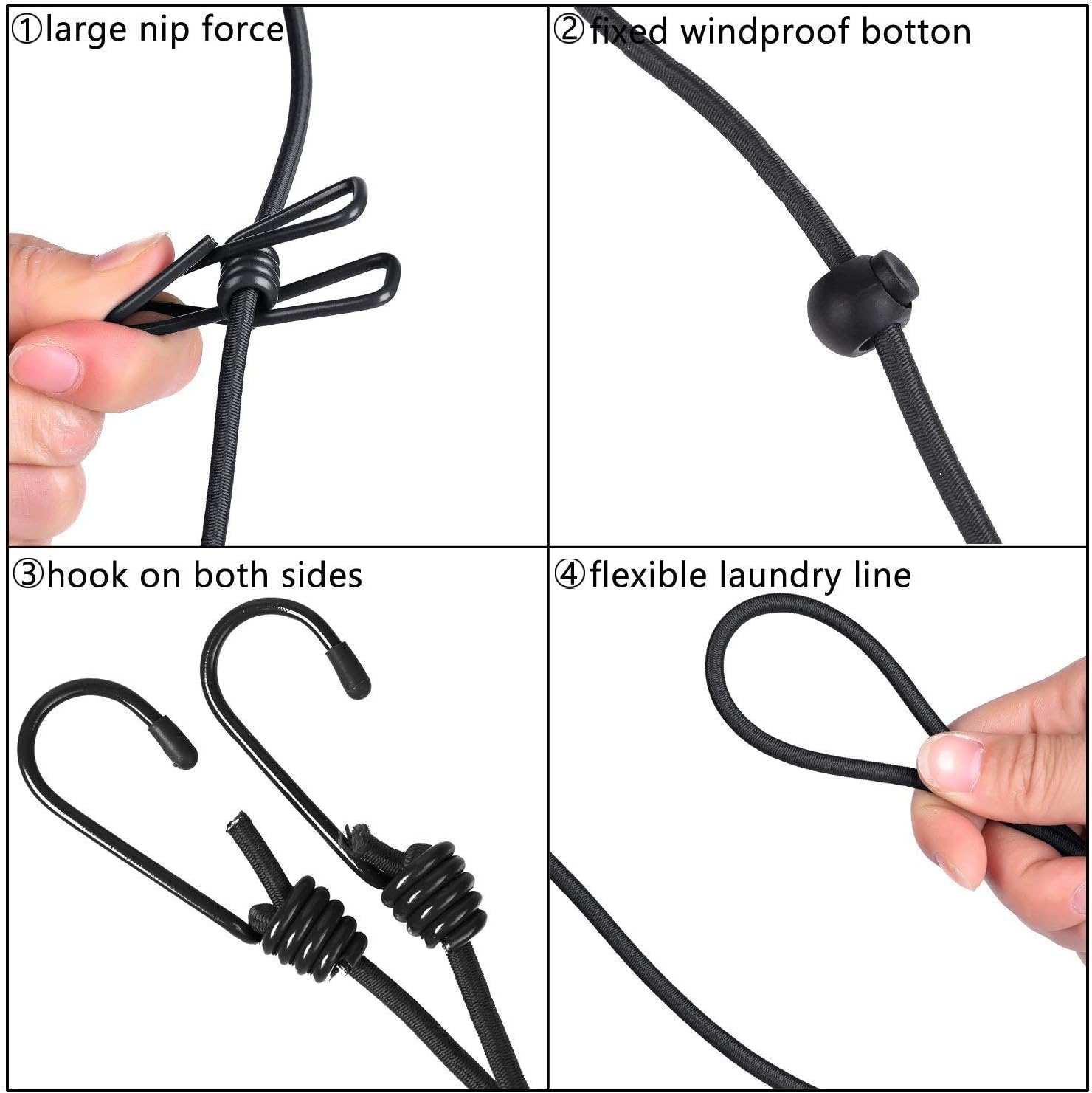 Portable Travel Clothes Line with 12 Clips - Elastic Hanging Rope for Laundry