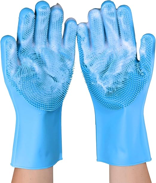 Silicone Dishwashing Gloves, Kitchen Gloves for Washing Dishes Reusable Waterproof Dishwashing with Cleaning Brush