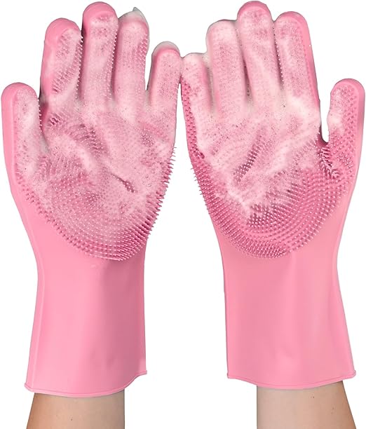 Silicone Dishwashing Gloves, Kitchen Gloves for Washing Dishes Reusable Waterproof Dishwashing with Cleaning Brush