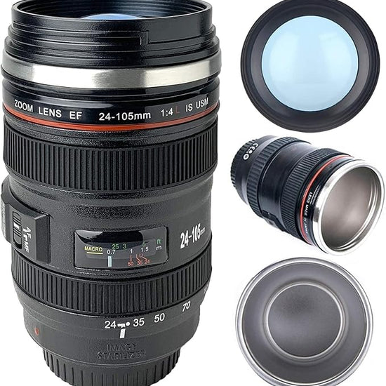 Multipurpose Camera Lens Coffee Mug with Translucent Lid